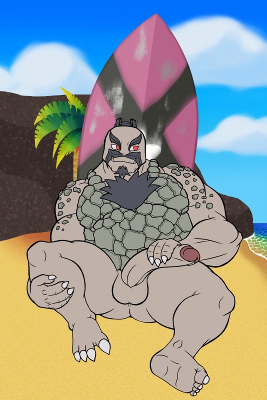 anthro balls beach biceps big_balls big_penis biped body_hair butt chest_hair claws cloud eyebrows facial_hair feet foreskin genitals goatee half-erect hand_on_penis humanoid_genitalia humanoid_penis male musclegut muscular muscular_anthro muscular_male mustache nude outside palm_tree pecs penis plant pokemorph red_eyes retracted_foreskin rock sea seaside sitting sky slightly_chubby smile solo spreading surfboard teeth thick_eyebrows toes tree vehicle water watercraft anso/rez nintendo pokemon alolan_form alolan_golem elemental_creature generation_7_pokemon mineral_fauna pokemon_(species) regional_form_(pokemon) rock_creature scalie 2019 absurd_res digital_media_(artwork) hi_res