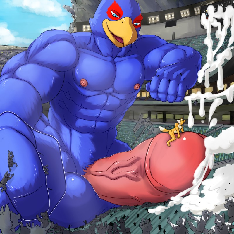 abs anthro athletic balls beak being_watched biceps big_balls big_muscles big_penis blue_body blue_feathers bodily_fluids cum cumshot destruction duo_focus ejaculation erection feathers genital_fluids genitals glans group huge_balls huge_penis humanoid_genitalia humanoid_penis hyper hyper_balls hyper_genitalia hyper_penis interspecies larger_male looking_at_another macro male muscular muscular_male nipples non-mammal_balls non-mammal_nipples nude orgasm pecs penile penis penis_riding sex size_difference size_play smaller_male stadium vein veiny_penis dd159 nintendo star_fox falco_lombardi fox_mccloud avian bird canid canine fox mammal 1:1 hi_res