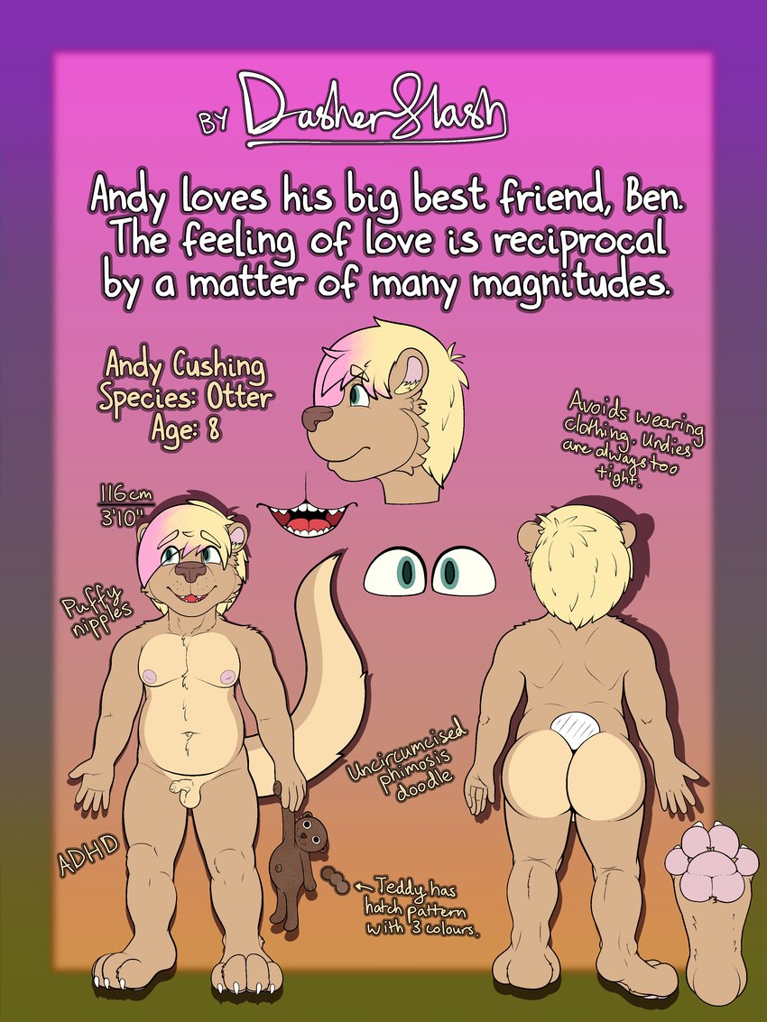 anthro balls belly big_butt blonde_hair brown_body brown_ears brown_fur brown_nose brown_tail butt claws feet foreskin front_view fur genitals green_eyes hair happy highlights_(coloring) holding_object holding_plushie looking_away male multicolored_body multicolored_fur multicolored_hair nipples nude pawpads penis pink_hair pink_nipples pink_pawpads plushie rear_view side_view small_balls small_penis smile solo standing tail tan_body tan_fur tan_tail teddy_bear teeth text thick_thighs tight_foreskin toe_claws tongue two_tone_body two_tone_fur two_tone_hair two_tone_tail white_toe_claws young young_anthro young_male dasherslash andy_(dasherslash) mammal mustelid otter 2024 absurd_res digital_media_(artwork) english_text hi_res model_sheet