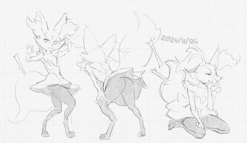 arms_above_head butt chest_tuft dancing female gesture hip_tuft nude paws simple_background sitting solo spread_arms standing tuft white_background butterchalk nintendo pokemon braixen canid canine generation_6_pokemon mammal pokemon_(species) 2024 guide_lines monochrome sketch sketch_page