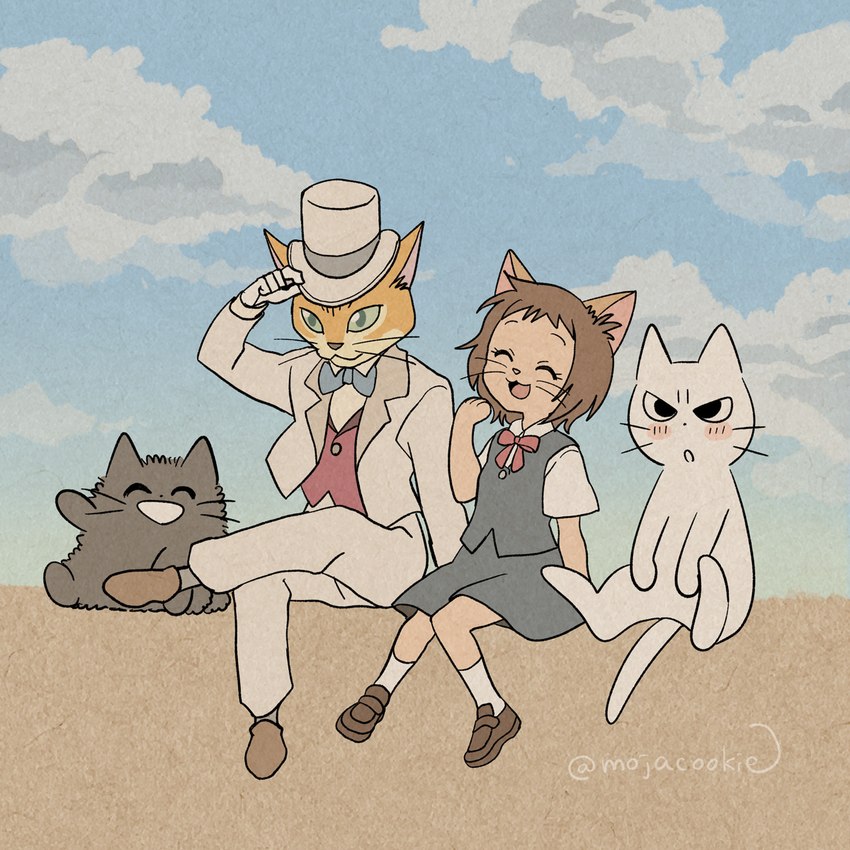 ambiguous_gender anthro bow_tie clothed clothing female feral group hat headgear headwear male mojacookie ghibli shikaruneko_(series) the_cat_returns amayakasuneko baron_humbert_von_gikkingen haru_yoshioka shikaruneko domestic_cat felid feline felis mammal 1:1 crossover hi_res official_art