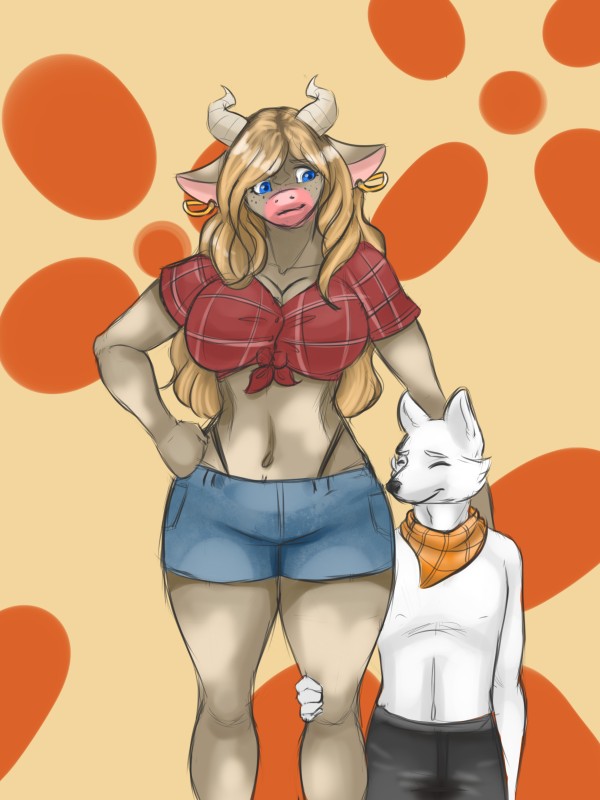 big_breasts blonde_hair breasts clothing duo female freckles hair horn kerchief large_female male male/female piercing simple_background smile blackbetty bethany_hooves jax_bline bovid bovine canid canine canis cattle mammal wolf 3:4 hi_res