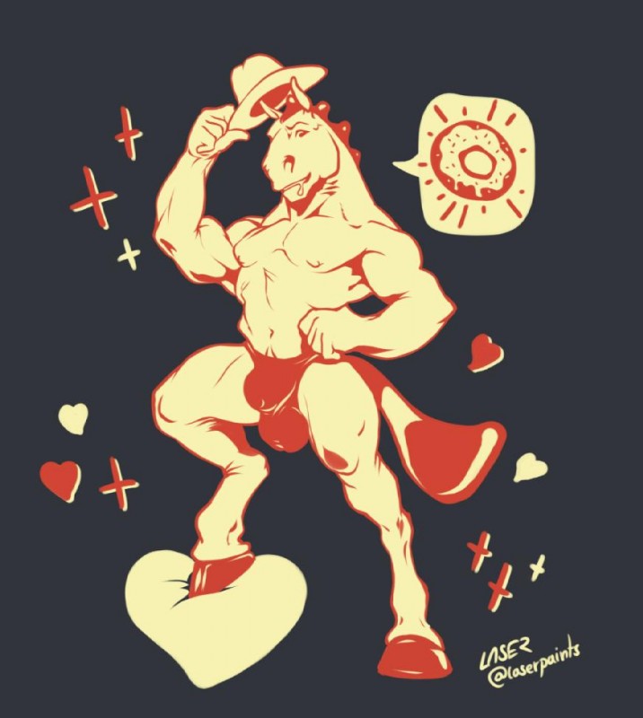 anthro biped bulge clothing dessert doughnut food hat headgear headwear heart_symbol hooves male muscular muscular_anthro muscular_male pastry simple_background solo speedo swimwear laser_(artist) arby's equid equine horse mammal 2019