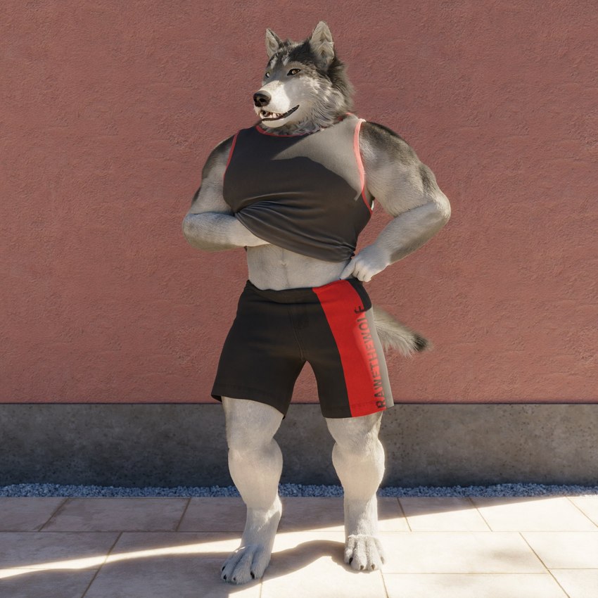 4_toes 5_fingers anthro athletic_wear barefoot biceps black_claws black_lips black_nose bottomwear broad_shoulders brown_eyes building cheek_tuft claws clothed clothing clothing_lift day digitigrade dipstick_tail facial_tuft feet finger_claws fingers fur gesture gravel grey_body grey_fur gym_bottomwear gym_shorts hand_gesture hand_under_shirt lips looking_at_viewer male markings multicolored_body multicolored_fur muscular muscular_anthro muscular_male navel neck_tuft open_mouth outside paws pointing pointing_at_crotch pose shirt shirt_lift shorts smile solo tail tail_markings tank_top teeth text tight_clothing toe_claws toes topwear triceps tuft two_tone_body two_tone_fur white_body white_fur rawethewolf caesar_(rawethewolf) canid canine canis mammal wolf 1:1 2023 3d_(artwork) artist_name digital_media_(artwork) hi_res