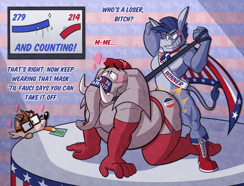 all_fours american_flag anal anal_penetration anthro anthro_on_anthro anthro_penetrated anthro_penetrating anthro_penetrating_anthro armwear baseball_cap blue_eyes blush bodily_fluids boots brown_eyes cape clothing collar color_coded color_coded_text dialogue dominant dominant_male elbow_gloves exhibitionism eyewear flag flag_cape footwear fur garter_belt garter_straps glasses gloves grey_body grey_fur group handwear hat headgear headwear heart_symbol humor leash legwear logo male male/male male_penetrated male_penetrating male_penetrating_male mask medical_instrument mohawk money motion_lines motion_outline multicolored_body multicolored_fur muscular muscular_male name_drop name_in_dialogue number orange_body orange_fur overweight path_lines pattern_background penetration penile penile_penetration politics profanity scientific_instrument sex shoes simple_background spotlight stage sticker striped_background stuttering submissive submissive_male surgical_mask sweat text thigh_highs tipping trunk tusks two_tone_body two_tone_fur united_states_of_america ahnik conditional_dnp democrat fivethirtyeight republican democrat_donkey fivey_fox republican_elephant asinus canid canine donkey elephant elephantid equid equine fox mammal proboscidean 2020 english_text hi_res signature