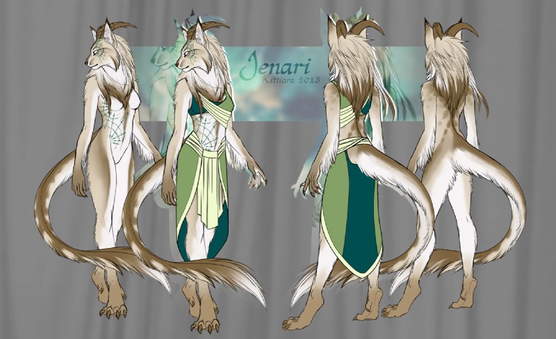 abstract_background anthro biped breasts claws clothing dress empty_eyes female hair horn long_hair markings multicolored_hair simple_background solo standing tail text two_tone_hair kittiara felid hybrid mammal 2013 character_name model_sheet