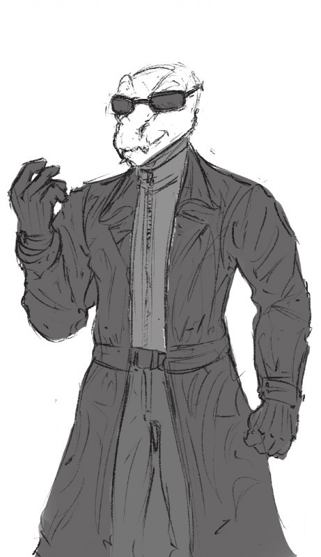 alternate_species clothing coat eyewear gloves handwear male scales smile smirk solo sunglasses topwear trenchcoat theserg capcom goosebumps resident_evil albert_wesker alien creep_(goosebumps) lizard reptile scalie crossover hi_res monochrome sketch