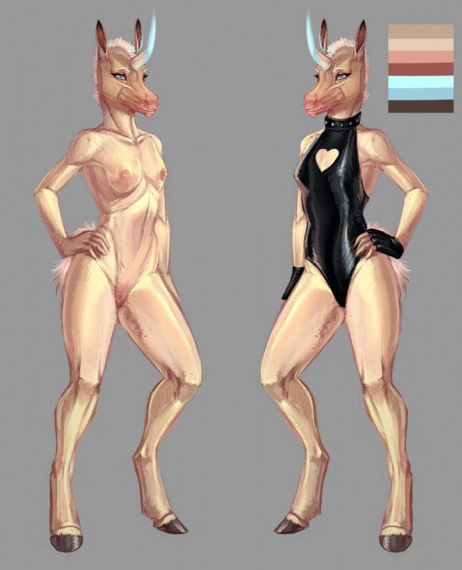 anthro bodysuit breasts clothing collar female genitals horn nude off/on pussy skinsuit small_breasts smile solo standing tight_clothing vinyl adeloo mythology equid equine mammal mythological_creature mythological_equine unicorn hi_res model_sheet shaded soft_shading