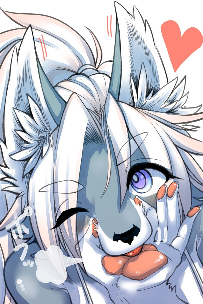 5_fingers anthro black_nose breath cheek_tuft close-up eyebrows eyelashes facial_tuft female female_anthro fingers fur grey_body grey_fur hair hand_lick heart_symbol highlights_(coloring) kemono licking licking_own_hand long_hair looking_at_viewer multicolored_body multicolored_fur one_eye_closed pawpads pink_highlights ponytail purple_eyes selfie simple_background solo thick_eyebrows tongue tongue_out tuft two_tone_body two_tone_fur white_body white_fur white_hair wink winking_at_viewer ookamiwaho okami_bark canid canine canis mammal wolf 2:3 digital_media_(artwork) hi_res