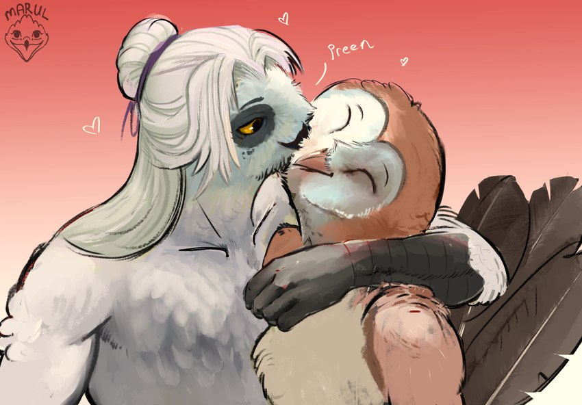 anthro beak cuddling feather_preening feathers fingers male personal_grooming preening smile tail tail_feathers marul hooter_(hooter) tuke_(tuke) avian barn_owl bird horned_owl owl snowy_owl true_owl tyto tytonid 2025 digital_media_(artwork)