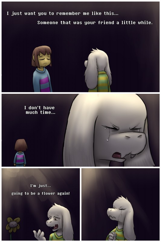 anthro bodily_fluids crying dialogue duo flower fur plant sad tears text the_feels white_body white_fur scottderg undertale undertale_(series) asriel_dreemurr flowey_the_flower frisk_(undertale) boss_monster_(undertale) bovid caprine elemental_creature flora_fauna human mammal 2015 2:3 absurd_res comic english_text hi_res