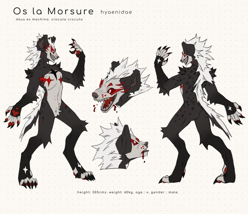 anthro arm_tuft black_body black_fur butt fangs fur grey_body grey_fur grin hair half-closed_eyes male mastectomy_scar narrowed_eyes open_mouth open_smile pawpads paws red_pawpads red_sclera scar shoulder_tuft simple_background smile solo teeth text tuft visibly_trans white_background white_hair wide_eyed osdok os_la_morsure_(osdok) hyena mammal spotted_hyena absurd_res english_text hi_res model_sheet