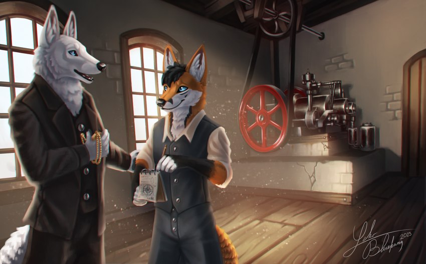 alternative_fashion anthro cute_fox duo factory historical machine male male/male steampunk lekobluefang shadel_fox wolfdog_whitewolf canid canine canis fox mammal red_fox true_fox wolf hi_res