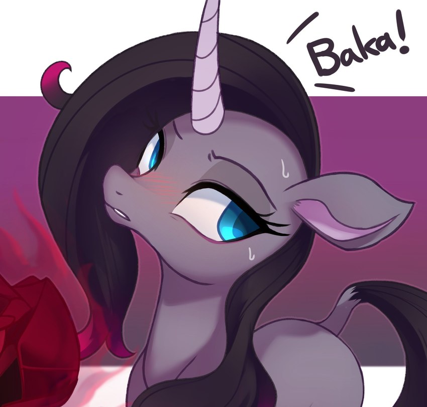 baka black_hair black_tail blue_eyes blush blush_lines bodily_fluids book curved_horn dark_magic eyelashes female feral fetlocks fur grey_body grey_fur hair horn looking_away looking_back simple_background solo sweat sweatdrop tail text tsundere unicornomicon marenlicious mythology them's_fightin'_herds oleander_(tfh) equid equine mammal mythological_creature mythological_equine unicorn 2020 digital_drawing_(artwork) digital_media_(artwork) half-length_portrait hi_res portrait