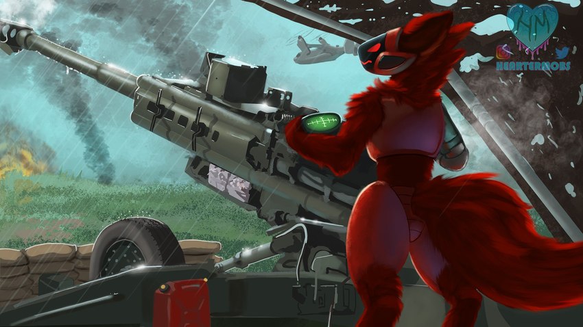 aircraft anthro anti-aircraft_gun artillery cannon day detailed_background helicopter machine male raining ranged_weapon red_body smoke solo standing v-22 vehicle war weapon heartermobs boeing protogen 16:9 2022 hi_res widescreen