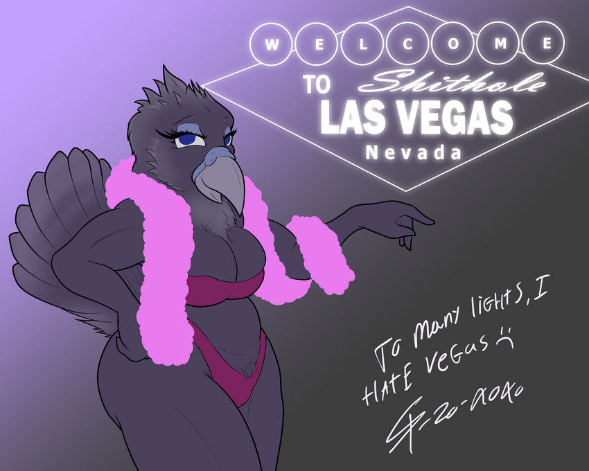 anthro blue_eyes boa_(clothing) bra camel_toe clothing feather_tuft feathers female googie_aesthetic las_vegas panties solo tail tail_feathers text tuft underwear scaliepunk avian bird corvid corvus_(genus) crow oscine passerine 2020 5:4 absurd_res english_text hi_res