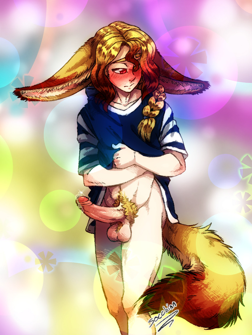 big_ears big_penis blonde_hair blush blushing_profusely bodily_fluids bottomless braided_hair brown_hair clothed clothing clothing_lift colorful_background dripping dripping_penis ears_down embarrassed erection femboy fluffy fluffy_tail foreskin fox_tail fur genital_fluids genitals hair heterochromia large_shirt long_hair looking_away male pale_skin penis pivoted_ears precum precum_drip pubes red_eyes shirt shirt_lift shy solo t-shirt tail topwear yellow_body yellow_eyes yellow_fur socchinn ichihara_hoshiko_(socchinn) animal_humanoid canid canid_humanoid canine canine_humanoid fennec_fox fennec_humanoid fox fox_humanoid humanoid mammal mammal_humanoid true_fox colorful_theme digital_drawing_(artwork) digital_media_(artwork) hi_res signature