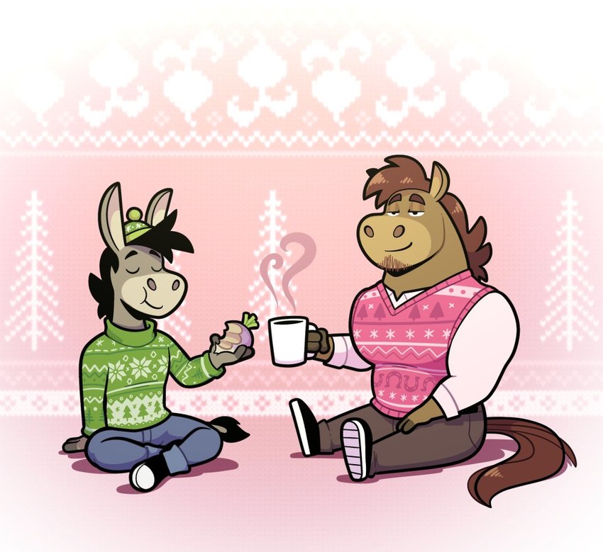 anthro bottomwear brown_body clothing container cup duo eating eyes_closed food hat headgear headwear male mug pants sitting sweater sweater_vest topwear vest guayodraws julio_(julio_&_poncho) poncho_(julio_&_poncho) asinus donkey equid equine horse mammal 2023