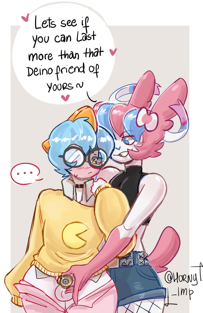 anthro aroused aroused_face blue_hair blush blush_lines bottomwear bottomwear_down bullying chastity_cage chastity_device clothed clothing clothing_lift collar duo eyewear glasses hair humiliation humiliation_fetish latex latex_clothing male male/male nerd partially_clothed pink_body pink_hair shorts shorts_down teasing text wearing_glasses white_body horny_imp nintendo pokemon symon_(horny_imp) canid canine eeveelution generation_3_pokemon generation_6_pokemon mammal pokemon_(species) ralts english_text hi_res