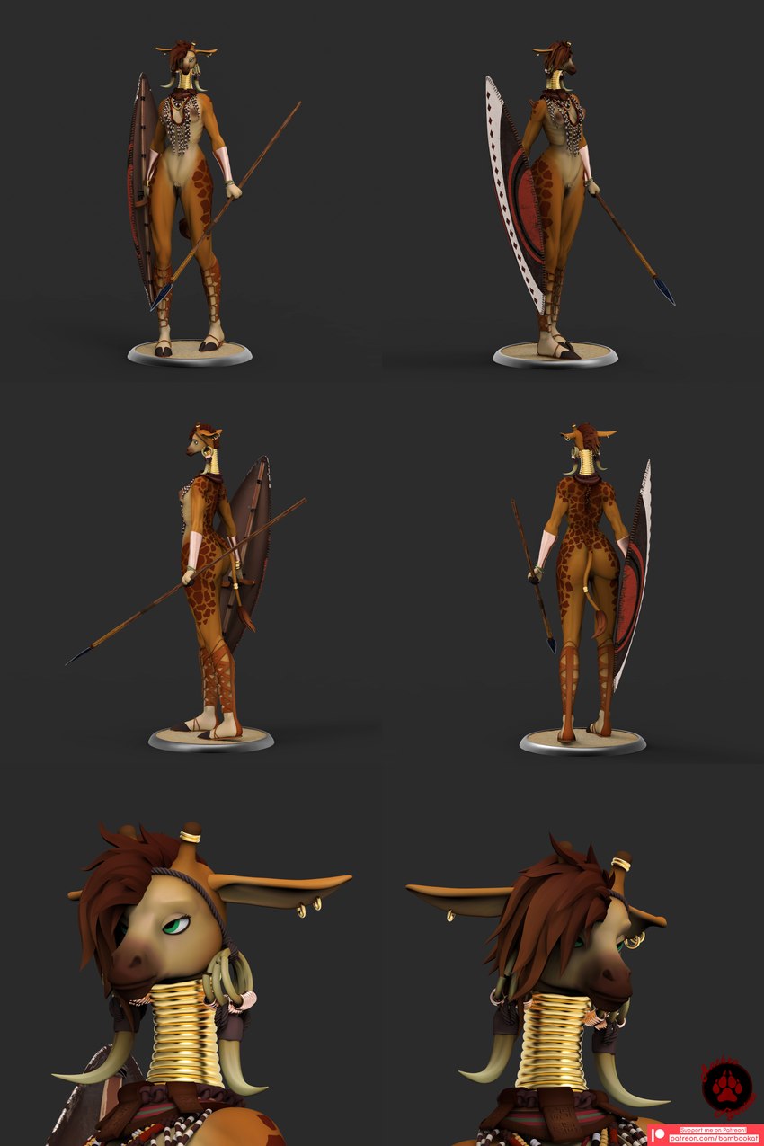 african anthro breasts butt clothing ear_piercing ear_ring female genitals gold_(metal) hooves mask melee_weapon mostly_nude nipples piercing polearm pussy ring_piercing shield solo spear tail tusks weapon bambookat giraffe giraffid mammal 3d_(artwork) absurd_res digital_media_(artwork) hi_res