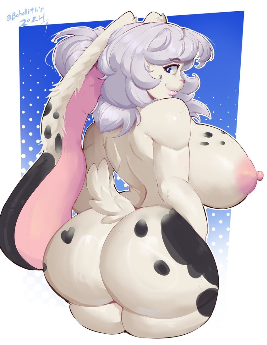 anthro big_breasts big_butt black_body blue_eyes breasts butt convex_breasts curvy_figure erect_nipples female hair huge_butt long_ears nipples simple_background smile solo thick_thighs white_body white_hair wide_hips behelliths domestic_rabbit lagomorph leporid lop_rabbit mammal oryctolagus rabbit hi_res