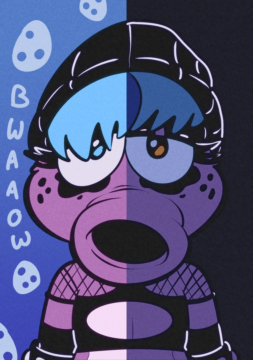 beanie clothing eyelashes fishnet_clothing hat headgear headwear male purple_body simple_background solo studded_armlet text trevor-fox mario_bros nintendo trevor-fox_(character) birdo hi_res nonbinary_(lore)