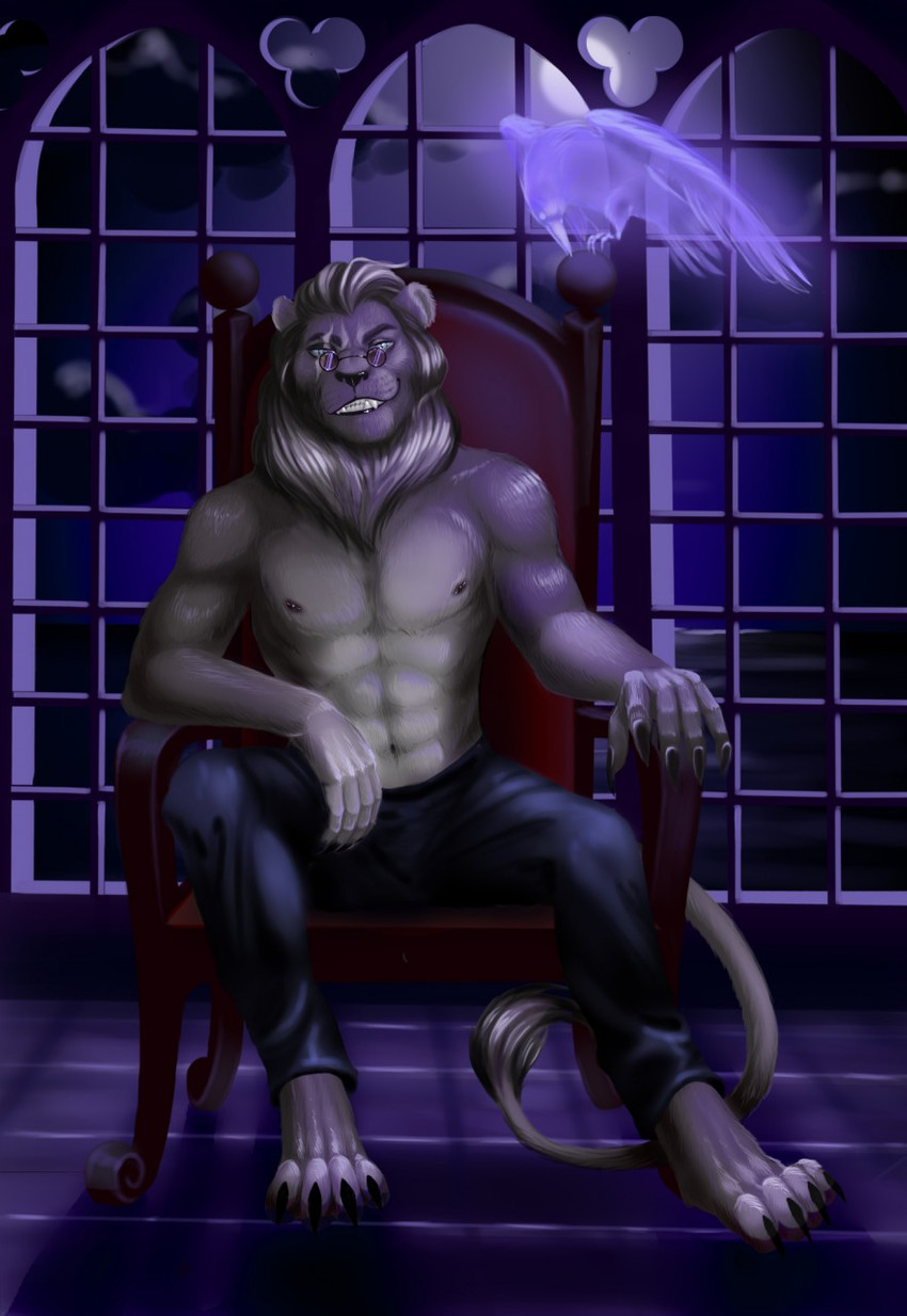 5_fingers 5_toes abs anthro areola black_areola black_nipples bottomwear chair claws clothed clothing detailed_background facial_scar feet fingers front_view fur furniture grin light long_tail male mane moon moonlight multicolored_body multicolored_fur muscular muscular_anthro muscular_male nipples pants paws scar sitting sky small_tail smile snout solo tail teeth throne throne_room toes topless white_mane window dantewolfguy felid lion mammal pantherine hi_res