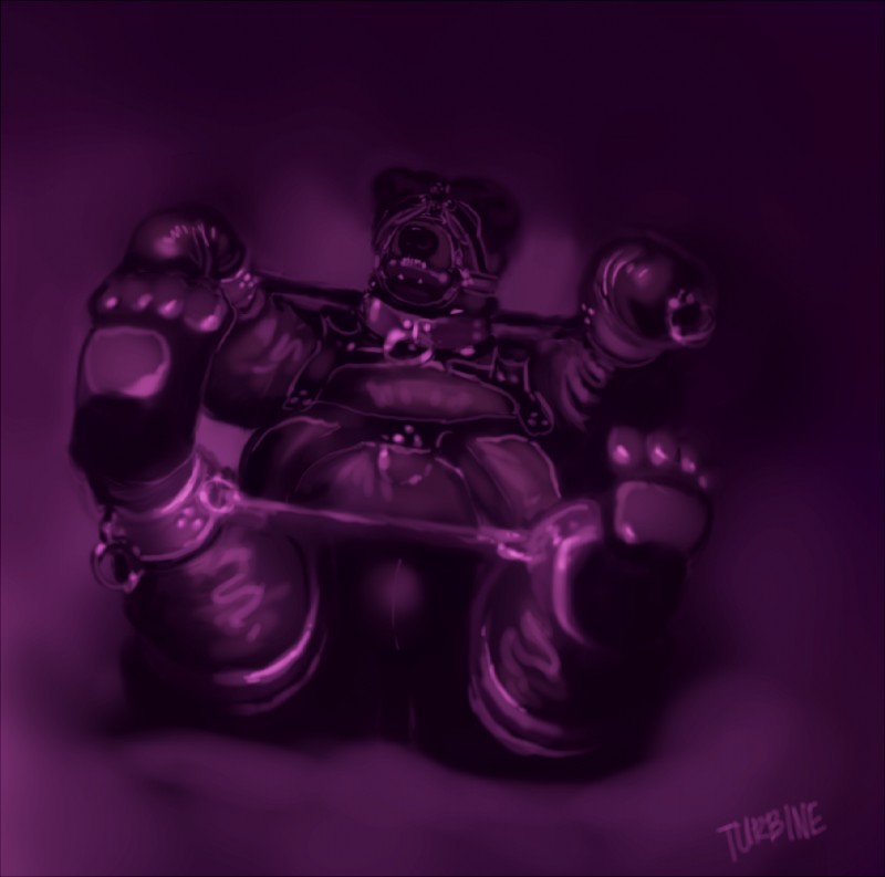 4_toes abstract_background anthro bdsm bit_gag black_nose blindfold bondage bound collar feet gag gagged glistening harness hindpaw latex male pawpads paws restraints simple_background solo spread_legs spreader_bar spreading submissive submissive_male text toes turbinedivinity westhoff bear mammal 2016 digital_drawing_(artwork) digital_media_(artwork) digital_painting_(artwork)