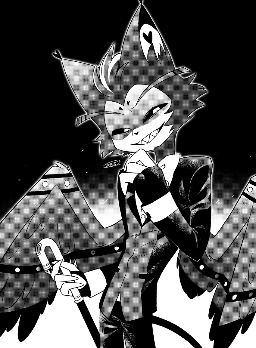 anthro cane clothed clothing feathered_wings feathers male smile smirk solo wings enaic31 hazbin_hotel husk_(hazbin_hotel) demon domestic_cat felid feline felis mammal absurd_res hi_res monochrome