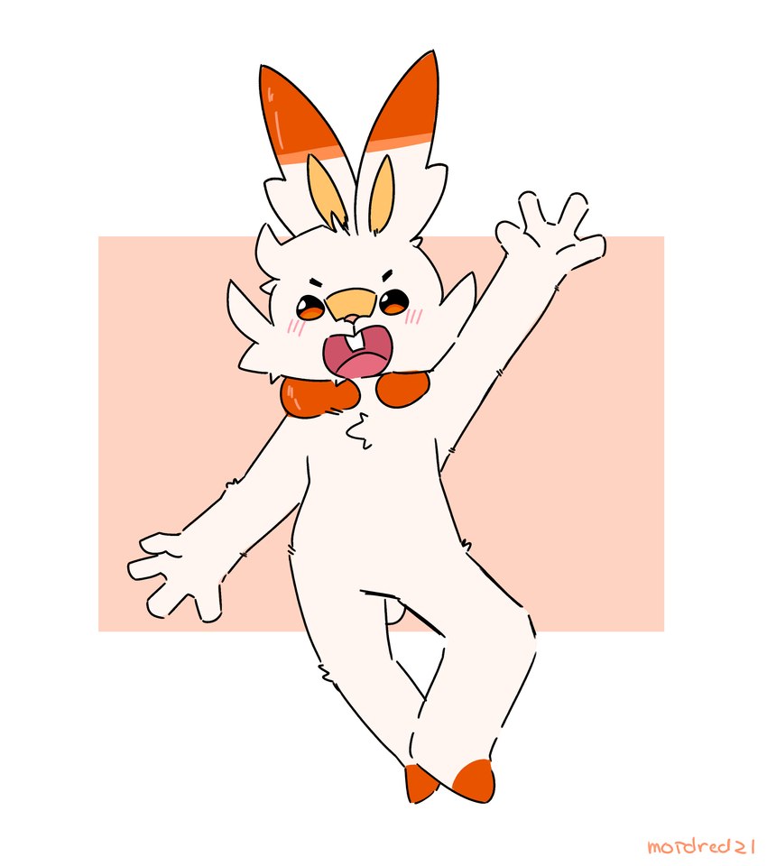 anthro band-aid bandage blush buckteeth fur gesture male open_mouth orange_body orange_eyes orange_fur simple_background solo standing teeth waving white_body white_fur young young_anthro young_male moordred nintendo pokemon generation_8_pokemon pokemon_(species) scorbunny absurd_res hi_res