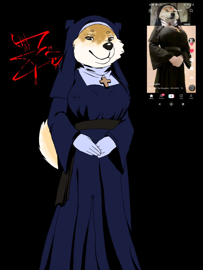 5_fingers anthro clothed clothing female fingers fluffy nun_outfit screencap solo text laffulaffubread canid canine canis domestic_dog humanoid mammal shiba_inu spitz 3:4 absurd_res alpha_channel english_text hi_res