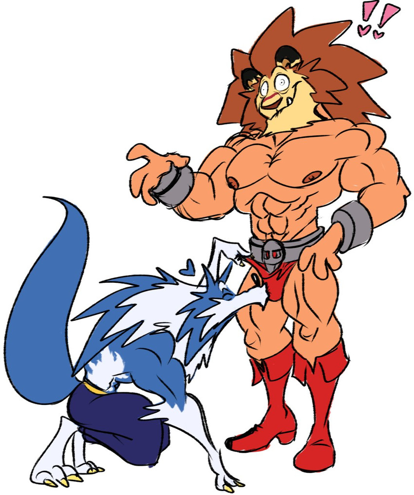 anthro blue_body blue_fur boots bulge bulge_kiss clothing duo footwear fur male male/male muscular muscular_male shoes simple_background tail thong underwear white_background edtertainerd capcom darkstalkers mythology red_earth jon_talbain leo_(red_earth) canid canine canis felid lion mammal mythological_canine mythological_creature pantherine werecanid werecanine werecreature werewolf wolf crossover hi_res