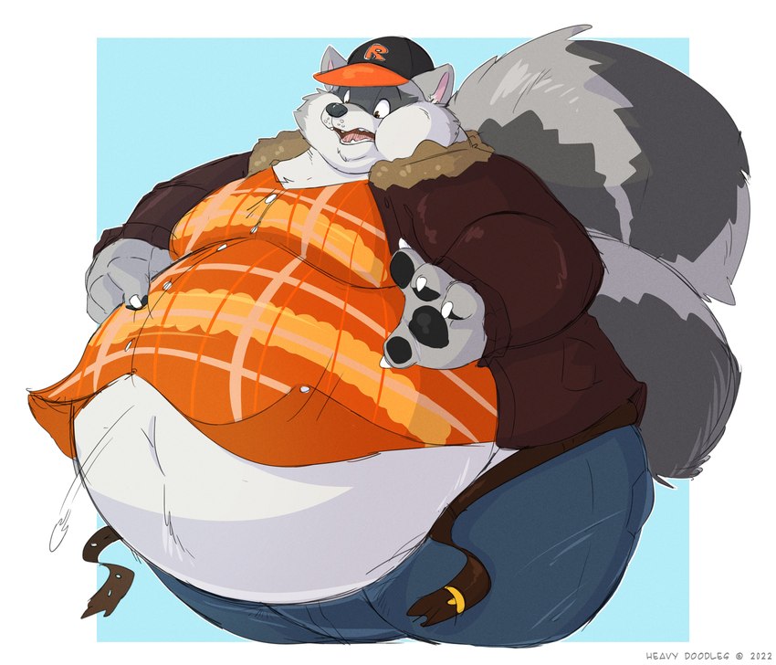 airborne_object anthro baseball_cap belly belt big_belly button_(fastener) button_pop chubby_cheeks claws clothed clothing copyright_symbol double_chin facial_markings fur grey_body grey_fur hat head_markings headgear headwear male markings mask_(marking) moobs obese obese_anthro obese_male open_mouth overweight overweight_anthro overweight_male ring_(marking) ringed_tail solo straining_buttons striped_markings striped_tail stripes surprise symbol tail tail_markings teeth thick_thighs tight_clothing tongue torn_clothing unbuttoned wardrobe_malfunction heavy_doodles rocky_ramos mammal procyonid raccoon absurd_res hi_res