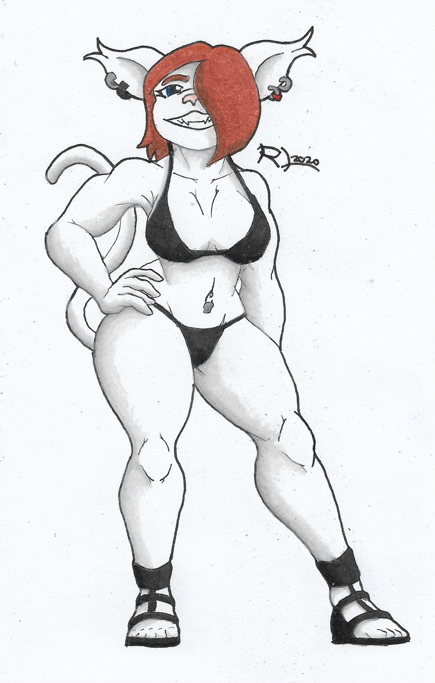 alternative_fashion anthro bikini bikini_bottom bikini_top brown_hair clothing ear_piercing ear_ring emo female footwear fur hair navel navel_pendant navel_piercing piercing ring_piercing sandals shoes skull_accessory solo swimwear two-piece_swimsuit white_body white_fur remaninglife sally_(remaninglife) domestic_cat felid feline felis mammal hi_res traditional_media_(artwork)