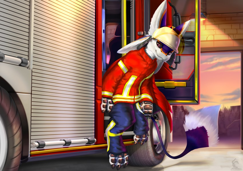 anthro armor biped blue_body blue_feathers clothing feathers fire_engine firefighter firefighter_helmet firefighter_uniform garage headgear helmet inside landscape male male_anthro orange_body orange_feathers purple_eyes resting scales seat sitting solo truck uniform vehicle wheel white_body white_feathers window corbin_(roscy) avali absurd_res hi_res