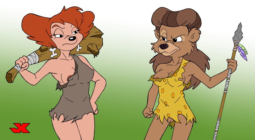 anthro breasts brown_hair clothed clothing club_(weapon) duo ear_piercing ear_ring female hair melee_weapon nipple_slip nipples orange_hair piercing polearm ring_piercing spear weapon jk disney goof_troop talespin peg_pete rebecca_cunningham bear canid canine mammal absurd_res hi_res