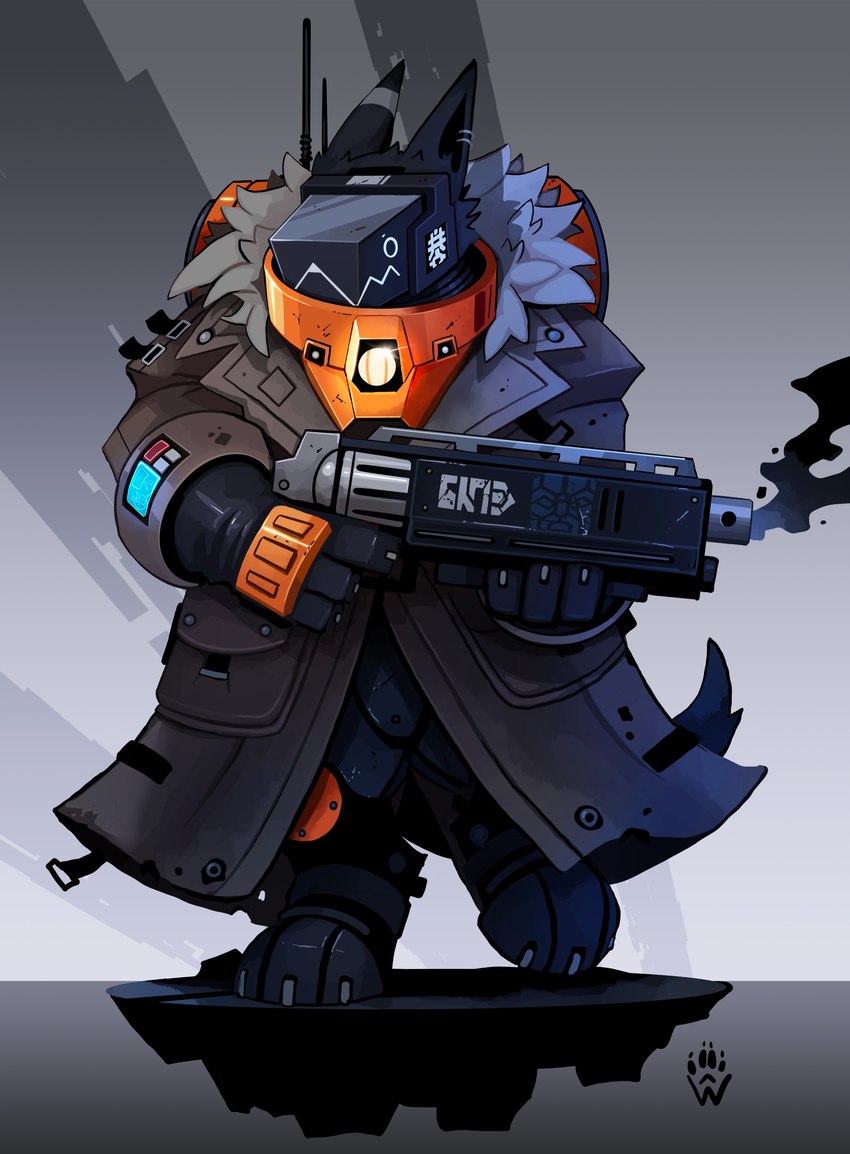 anthro backpack black_body black_fur bolter clothed clothed_anthro clothed_male clothing coat digitigrade fur gloves gun handwear holding_gun holding_object holding_ranged_weapon holding_weapon leagues_of_votann machine male protogen_visor ranged_weapon smoke solo tail topwear trans-hyperian_alliance trigger_discipline weapon wolfdawg warhammer_(franchise) warhammer_40000 protogen 2025 absurd_res hi_res