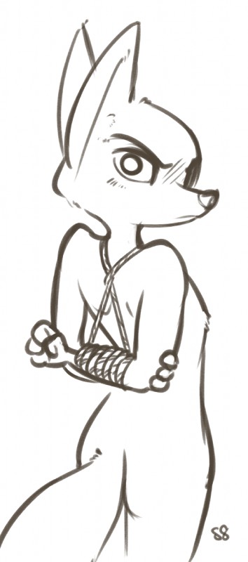 angry anthro bdsm bondage bound butt female looking_back nude rope solo alec8ter conditional_dnp disney zootopia skye_(zootopia) arctic_fox canid canine fox mammal true_fox black_and_white hi_res monochrome