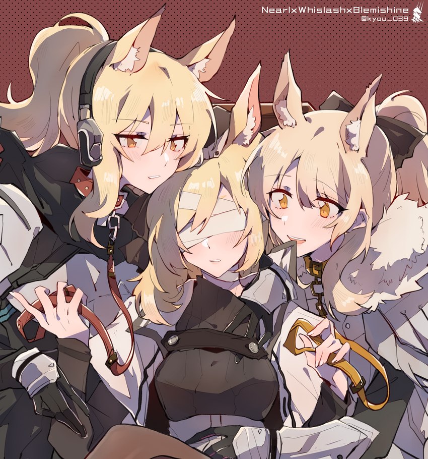 5_fingers blonde_hair blush bow_tie breasts clothing collar covered_eyes electronics female fingers fur group hair headgear headphones inner_ear_fluff leash ponytail smile tuft white_body white_fur yellow_eyes kyou_039 arknights hypergryph studio_montagne blemishine_(arknights) nearl_(arknights) whislash_(arknights) animal_humanoid equid equid_humanoid equine equine_humanoid humanoid mammal mammal_humanoid 2020 hi_res aunt_(lore) aunt_and_niece_(lore) niece_(lore) sibling_(lore) sister_(lore) sisters_(lore)