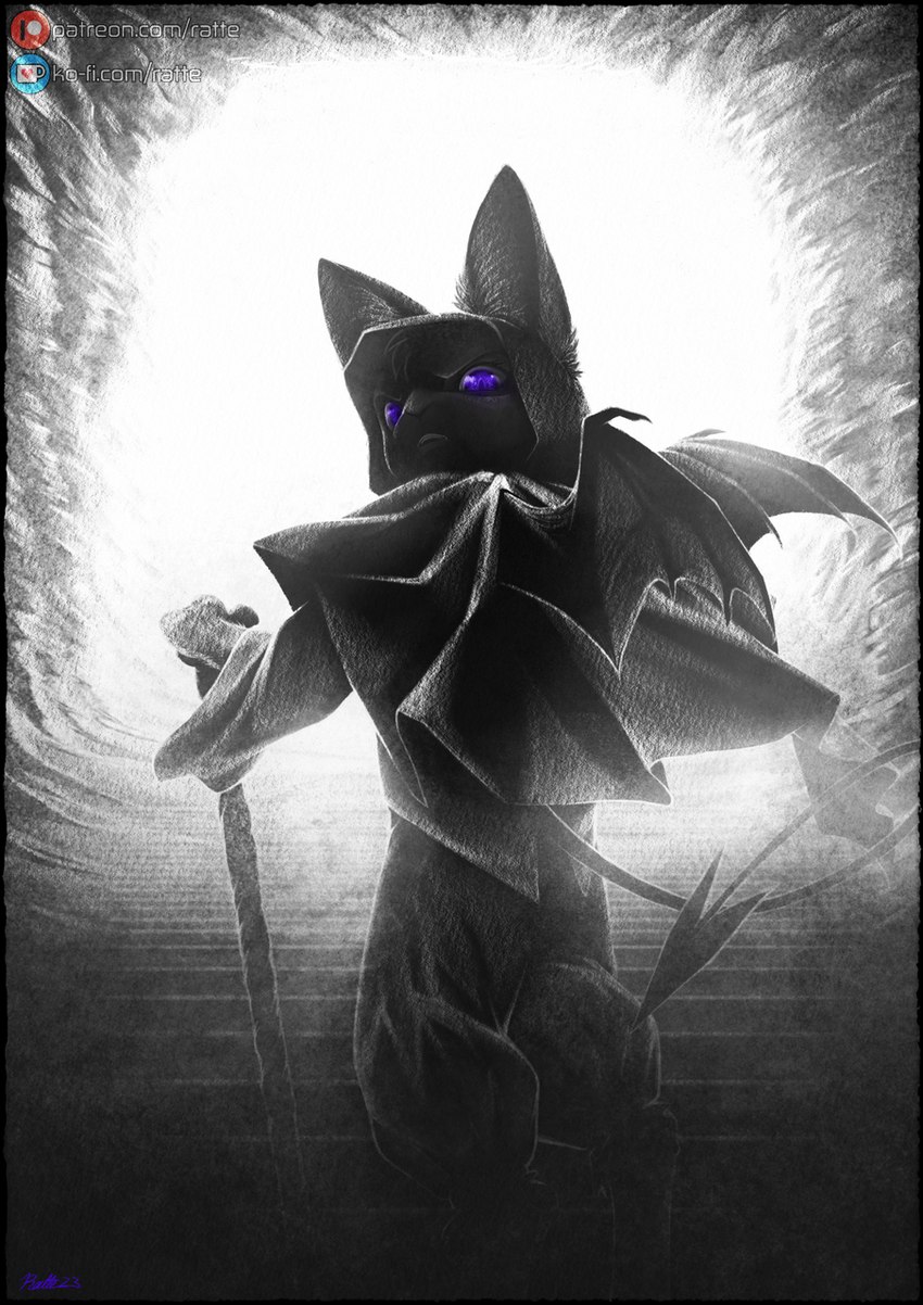 anthro bat_wings cape cave clothed clothing detailed_background female frown fully_clothed glowing glowing_eyes hood inside looking_at_viewer magic membrane_(anatomy) membranous_wings open_mouth purple_eyes solo spade_tail stairs tail text walking_stick wings conditional_dnp ratte legacy_(ratte) carinae felid feline felis mammal onene 2023 digital_media_(artwork) hi_res signature url