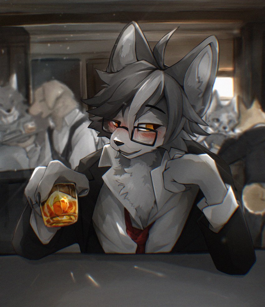 alcohol anthro bar_counter beverage counter countershade_fur countershading drinking_alcohol fur grey_body grey_fur looking_at_viewer male sitting solo white_body white_countershading yamakikei canid canine canis mammal wolf absurd_res hi_res