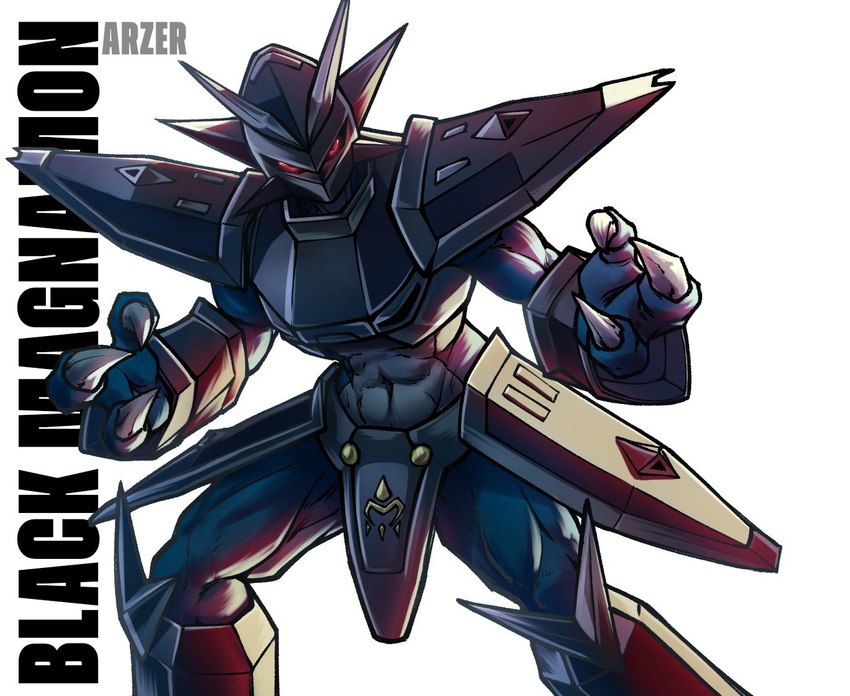 3_fingers ambiguous_gender anthro armor black_armor blue_body exposed_belly fingers looking_at_viewer mask muscular muscular_anthro red_eyes solo text white_body arzergex_(artist) ridgeone1 bandai_namco digimon mythology fan_character animal_humanoid digimon_(species) dragon dragon_humanoid humanoid magnamon magnamon_(black) mythological_creature mythological_scalie scalie english_text