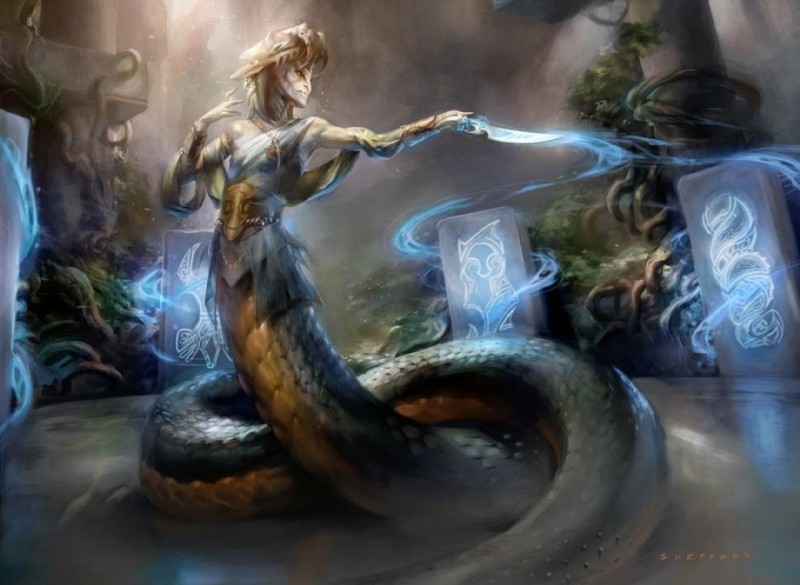 apode female glowing inside legless magic runes serpentine solo standing temple cynthia_sheppard hasbro magic:_the_gathering wizards_of_the_coast draconcopode naga reptile scalie snake sultai official_art signature