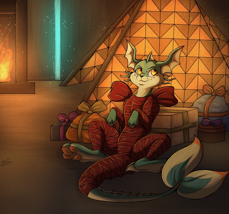 anthro christmas_gifts ear_fins female feral fin fireplace freckles gift gift_wrapped holidays person_as_gift semi-anthro sitting solo spread_legs spreading howlart christmas fervent_entropy aukai canid canine fox mammal marine naia absurd_res digital_media_(artwork) hi_res