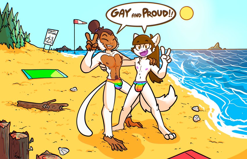 alternate_rainbow_pride_colors anthro beach brown_body brown_hair brown_skin bulge clothing detailed_bulge dialogue duo eyes_closed fangs femboy fur gesture hair hand_gesture lgbt_pride long_hair male male/male open_mouth open_smile pride_colors rainbow_pride_colors seaside shared_dialogue shared_speech_bubble six-stripe_rainbow_pride_colors smile speech_bubble speedo stated_homosexuality stated_sexuality swimwear teeth text v_sign white_body white_fur wide_eyed xing1 furley_lavandria domestic_cat felid feline felis haplorhine mammal monkey primate english_text hi_res