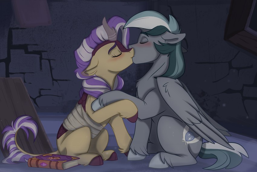 blush book chest_tuft cloven_hooves cutie_mark duo eyelashes eyes_closed feathered_wings feathers female feral fetlocks folded_wings fur green_hair green_mane green_tail grey_body grey_feathers grey_fur grey_hooves grey_horn hair hooves horn inside kiss_on_lips kissing leg_tuft long_tail male male/female mane multicolored_hair multicolored_tail purple_body purple_hair purple_hooves purple_mane purple_scales raised_hoof scales sitting tail tuft wings wraps yellow_body yellow_fur rutkotka asian_mythology chinese_mythology east_asian_mythology hasbro my_little_pony mythology fan_character iron_feather_(oc) lotus_cinder_(oc) dragon equid equine kirin mammal mythological_creature mythological_equine mythological_scalie pegasus scalie 2023 digital_media_(artwork) hi_res