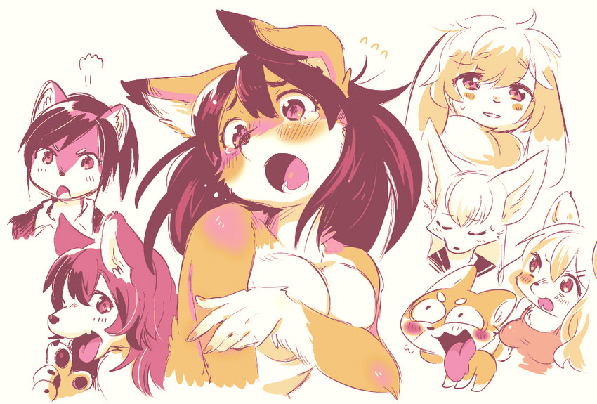 anthro black_hair blush bodily_fluids breasts clothed clothing covering covering_breasts covering_self embarrassed eyes_closed female feral fur group hair kemono male open_mouth orange_body orange_fur paws pink_body pink_fur red_eyes shirt simple_background tank_top tears tongue tongue_out topless topwear white_background mabo_(artist) canid canine canis domestic_dog fennec_fox fox lagomorph leporid mammal rabbit shiba_inu spitz true_fox 2016 restricted_palette