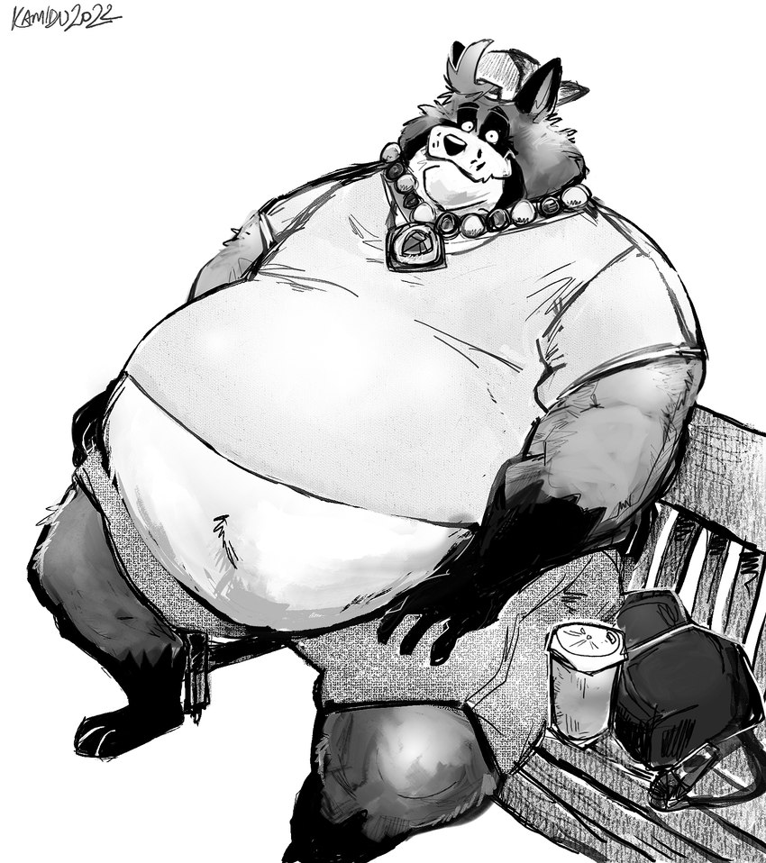 belly big_belly bottomwear clothing hat headgear headwear humanoid_hands male obese obese_male overweight overweight_male shirt shorts sitting solo topwear aokamidu canid canine mammal raccoon_dog tanuki 2022 hi_res monochrome