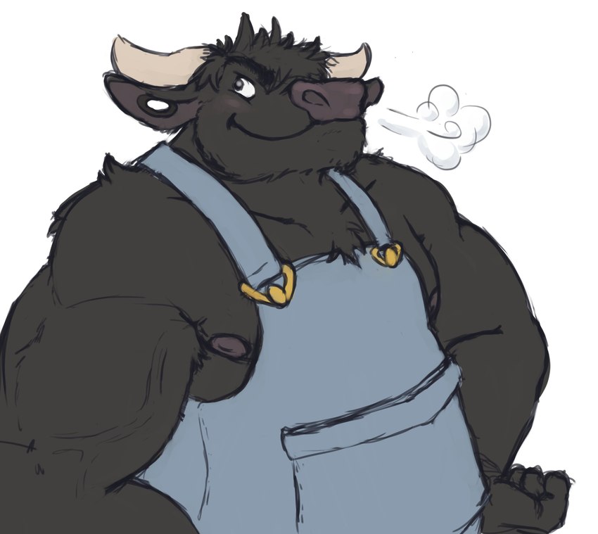 anthro biceps closed_smile clothing ear_piercing gauged_ear hands_on_hips horn looking_up male mouth_closed musclegut muscular overalls piercing smile solo venicethehedgehog european_mythology greek_mythology minotaur_hotel mythology storm_(minotaur_hotel) bovid bovine mammal minotaur absurd_res hi_res