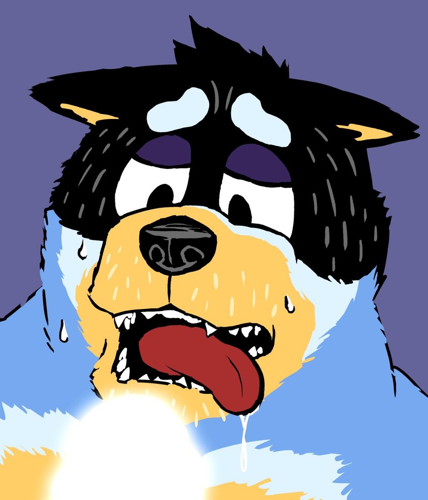 anthro bodily_fluids light_censorship male purple_background saliva simple_background solo sweat tongue tongue_out kajimaru_0507 bluey_(series) bandit_heeler australian_cattle_dog canid canine canis cattledog domestic_dog herding_dog mammal pastoral_dog censored hi_res